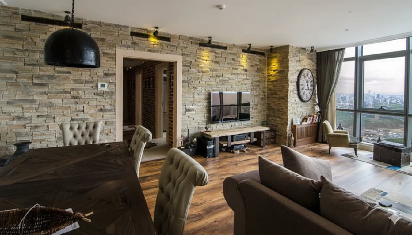 şömine tv arkası tuğla kaplama niş tasarım antik pişmiş toprak iç mekan