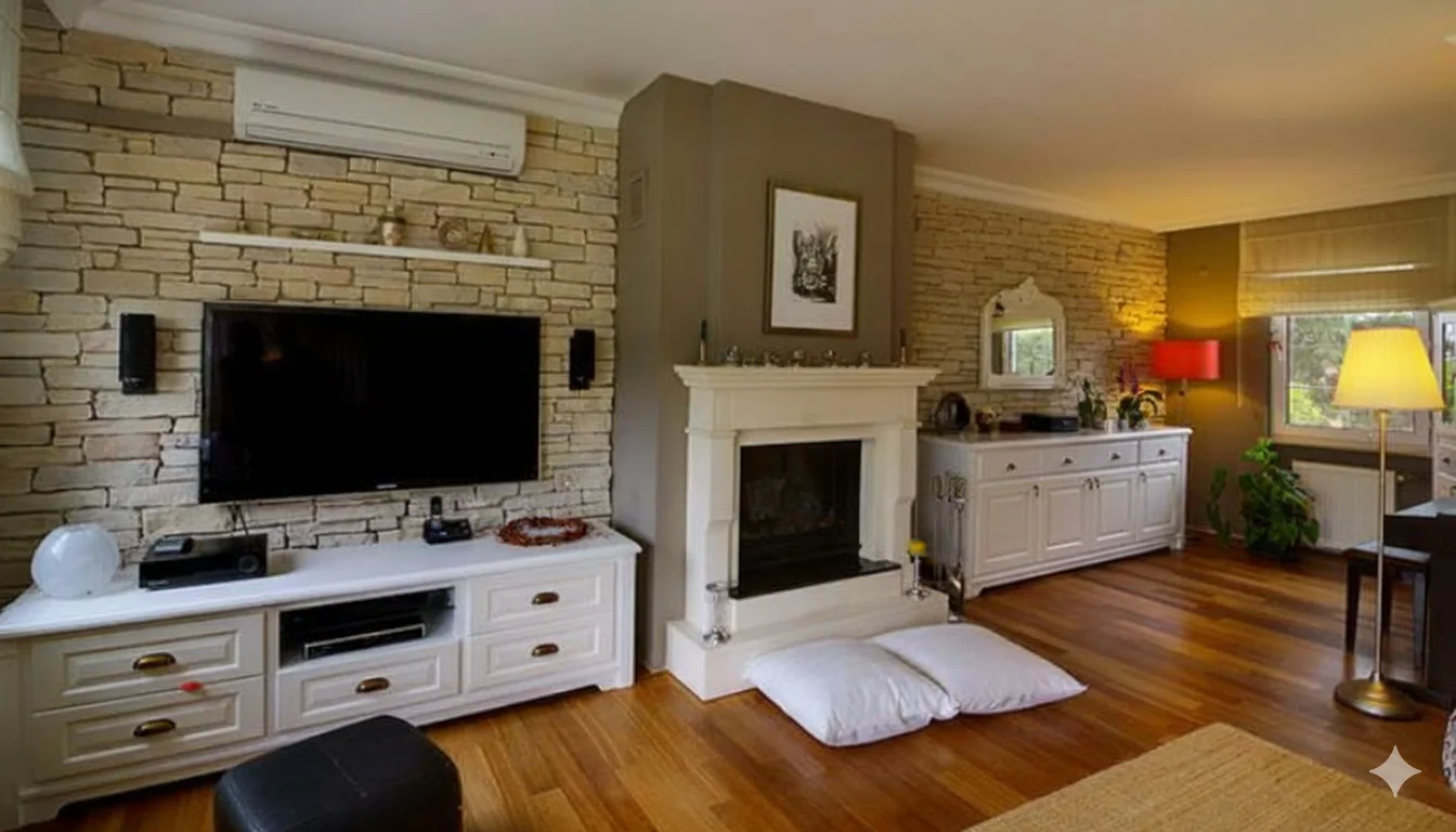 açık renk kültür taşı tv ünitesi modern country salon dekorasyonu beyaz şömine