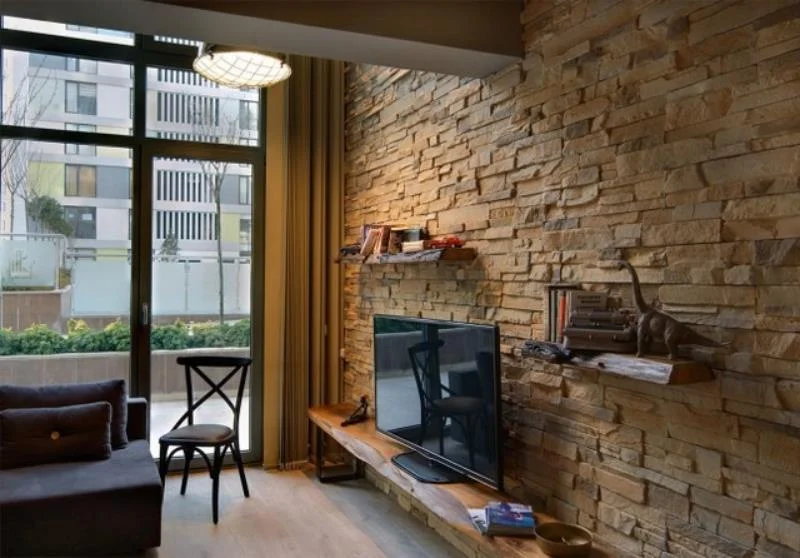 hızlı uygulama hafif  taş kaplama tv arkası minimalist daire balkonlu salon